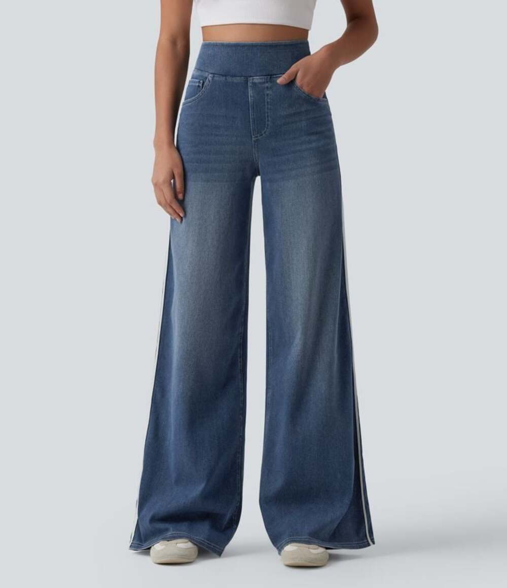 Halara Flex High Waisted Stripe Wide Leg Baggy Jeans Women's Tide Blue Denim - Picture 3 of 8